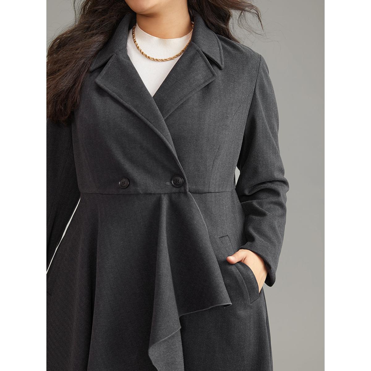 Plus Size Woolen Solid Button Up Ruffle Trim Coat Women Gray Elegant Asymmetrical Ladies Dailywear Winter Coats BloomChic 18-20/2X Product Image