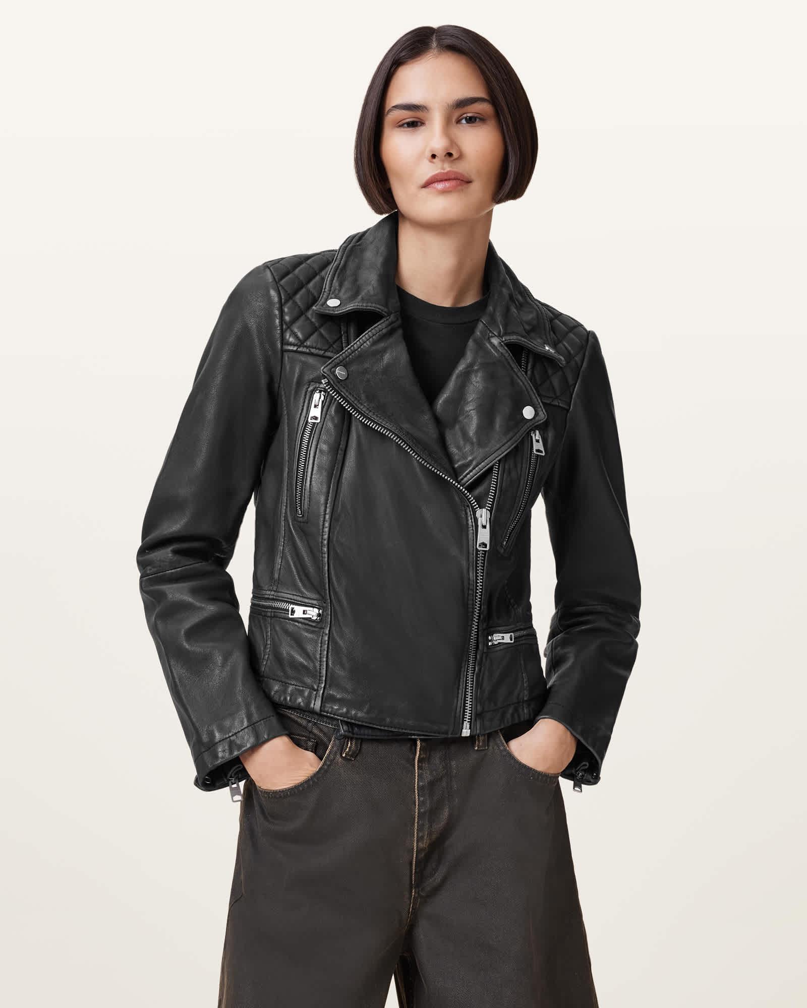 Cargo Distressed Leather Biker Jacket Black/Grey | ALLSAINTS US Product Image