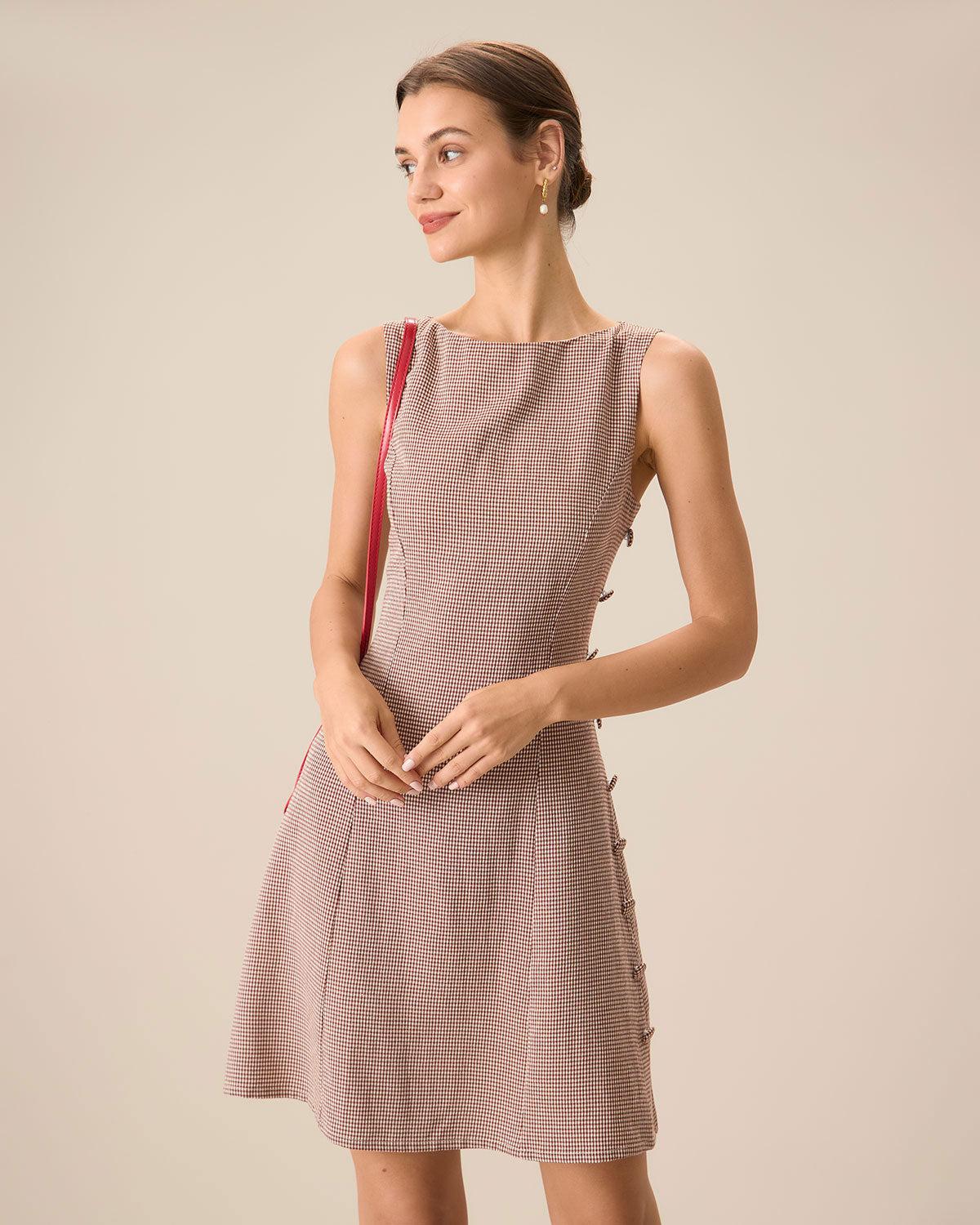 Women's Boat Neck Brown Plaid Mini Dress Female Product Image