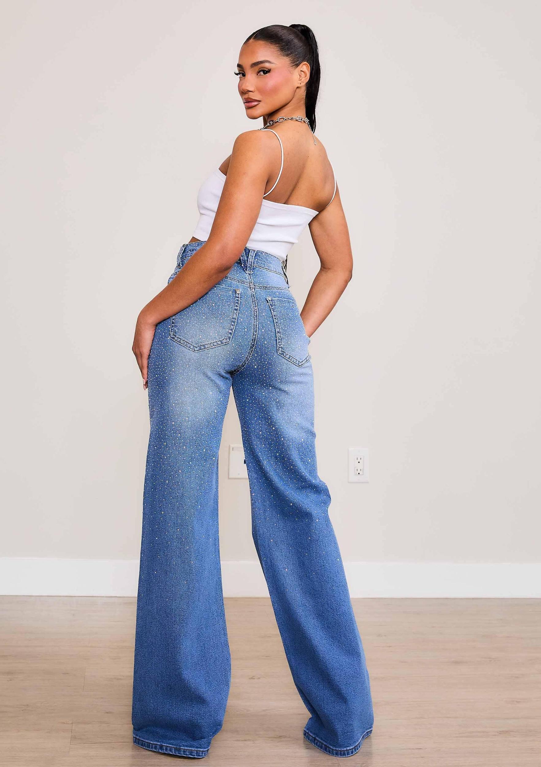 Iridescent Rhinestone High-Rise Wide Leg Jeans Product Image