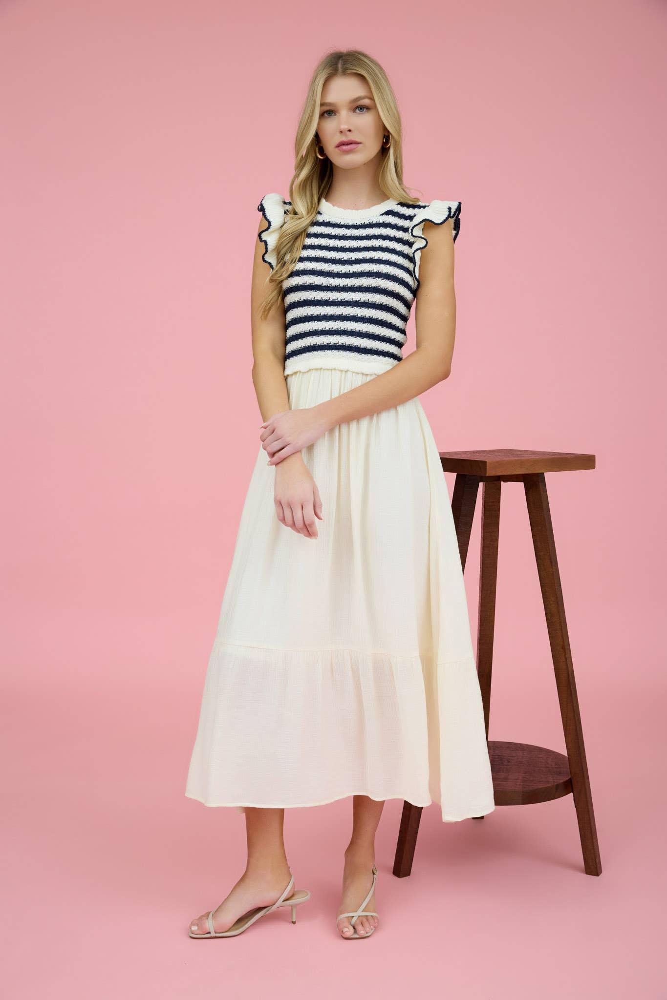 STRIPE SWEATER TOP MIXED MEDIA MIDI DRESS: NAVY Product Image