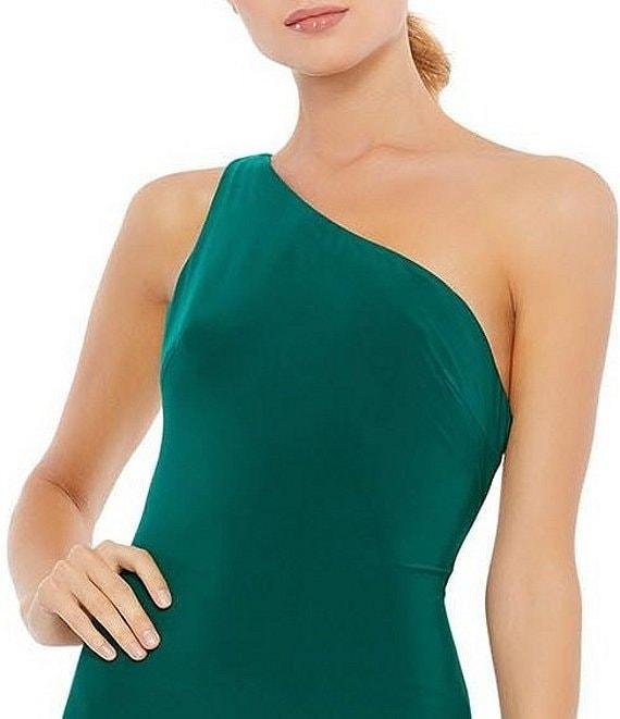 Mac Duggal Sleeveless One Shoulder Thigh High Slit Draped Back Detail Jersey Sheath Gown Product Image