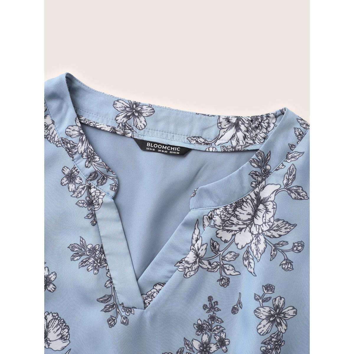 Plus Size Stone Chiffon Floral Print Flat Collar With V Notch Petal Sleeve Blouse Women Elegant Short sleeve V-neck Everyday Blouses BloomChic 18-20/2X Product Image