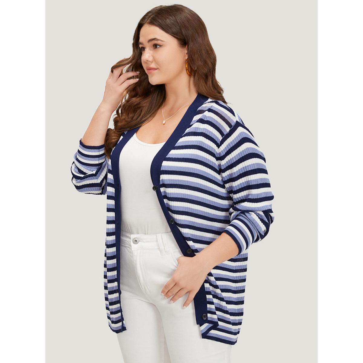 Plus Size Contrast Striped Rib Knit Button Through Cardigan Indigo Women Casual Loose Long Sleeve Dailywear Cardigans BloomChic 28/5X Product Image