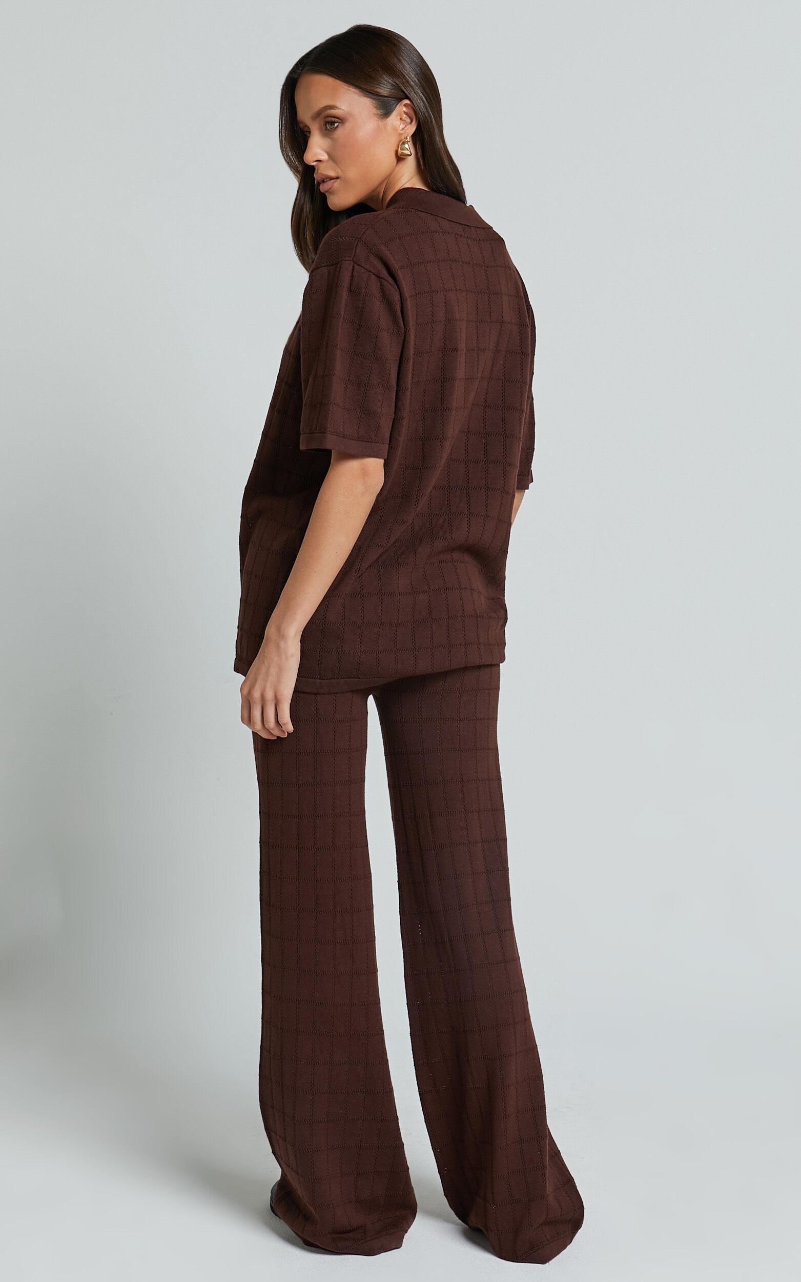Tommy Two Piece Set - Knit Button Through Top and Pants Two Piece Set in Chocolate Product Image