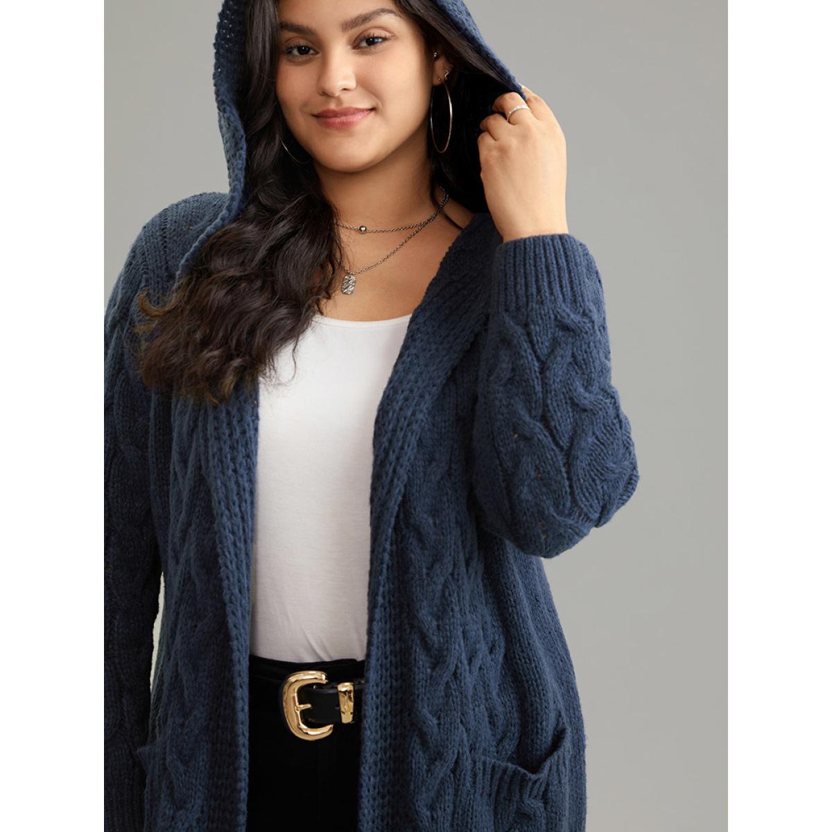 Plus Size Cable Knit Texture Pocket Hooded Cardigan Midnight Women Casual Loose Long Sleeve Dailywear Cardigans BloomChic 30/6X Product Image