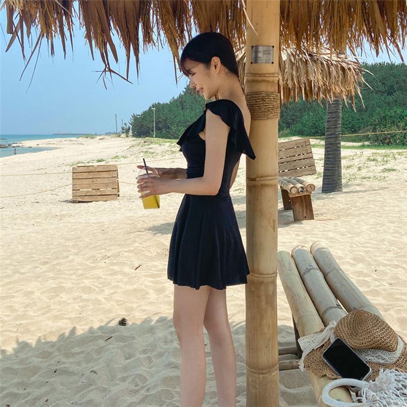 Asymmetrical Neck Plain Ruffle Swimdress Product Image