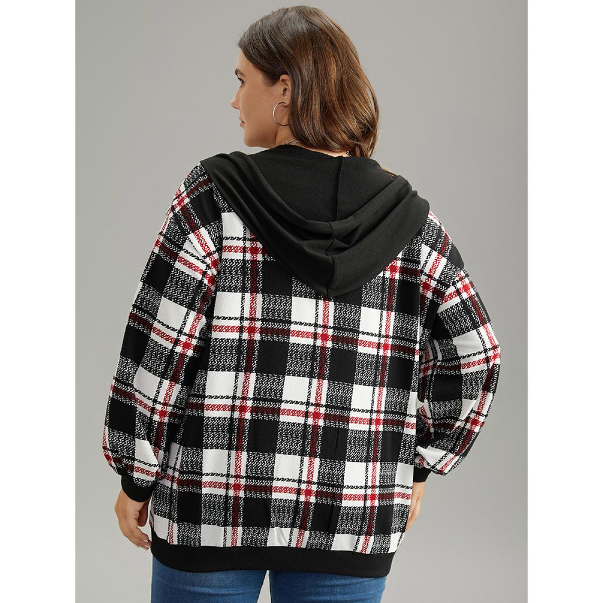 Plus Size Plaid Hooded Drawstring Zipper Sweatshirt Women Black Casual Elastic cuffs Hooded Dailywear Sweatshirts BloomChic 14-16/1X Product Image