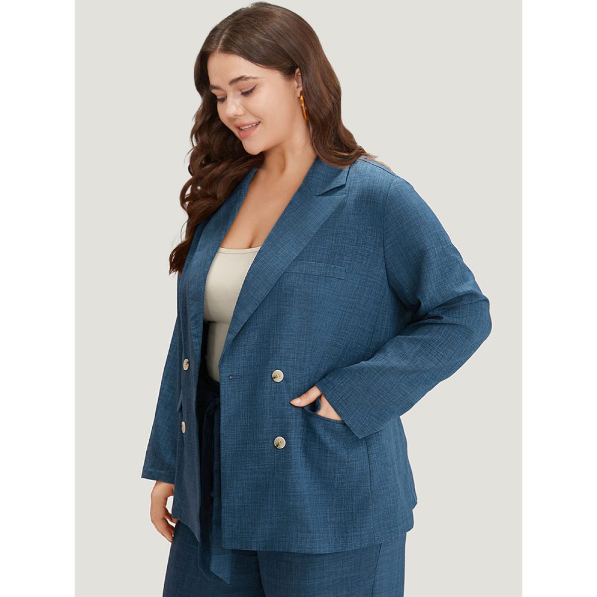 Plus Size Solid Double Breasted Suit Collar Flap Pocket Blazer Indigo Women Office Plain Texture Sleeve Long Sleeve Suit Collar 10/M Pocket At the Office Blazers BloomChic Product Image