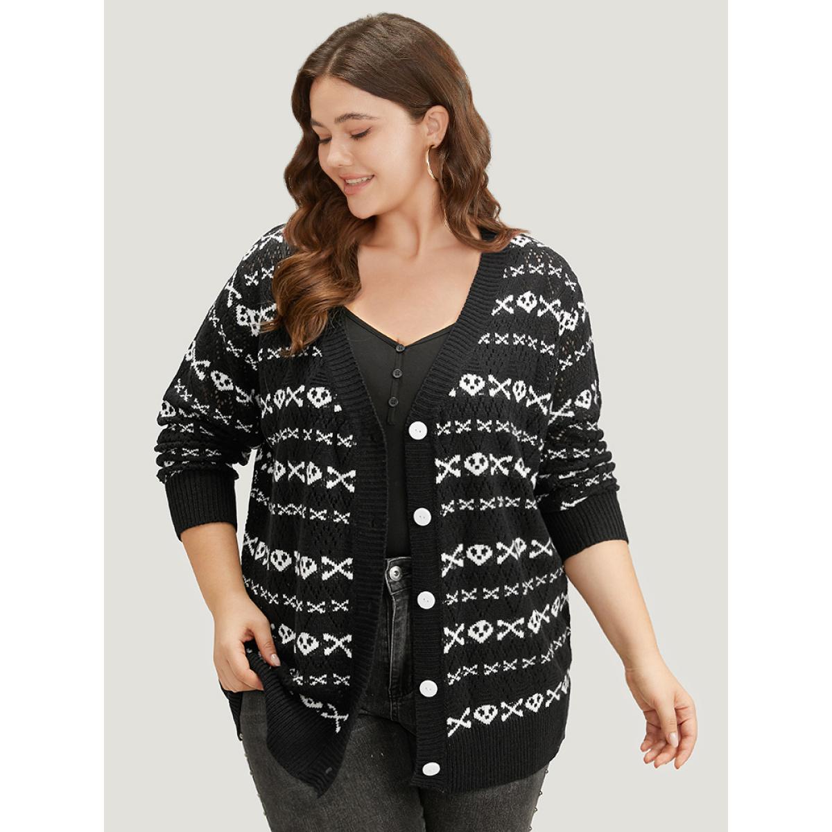 Plus Size Halloween Graphic Striped Button Up Cardigan Black Women Casual Loose Long Sleeve Festival-Halloween Cardigans BloomChic 10/M Product Image