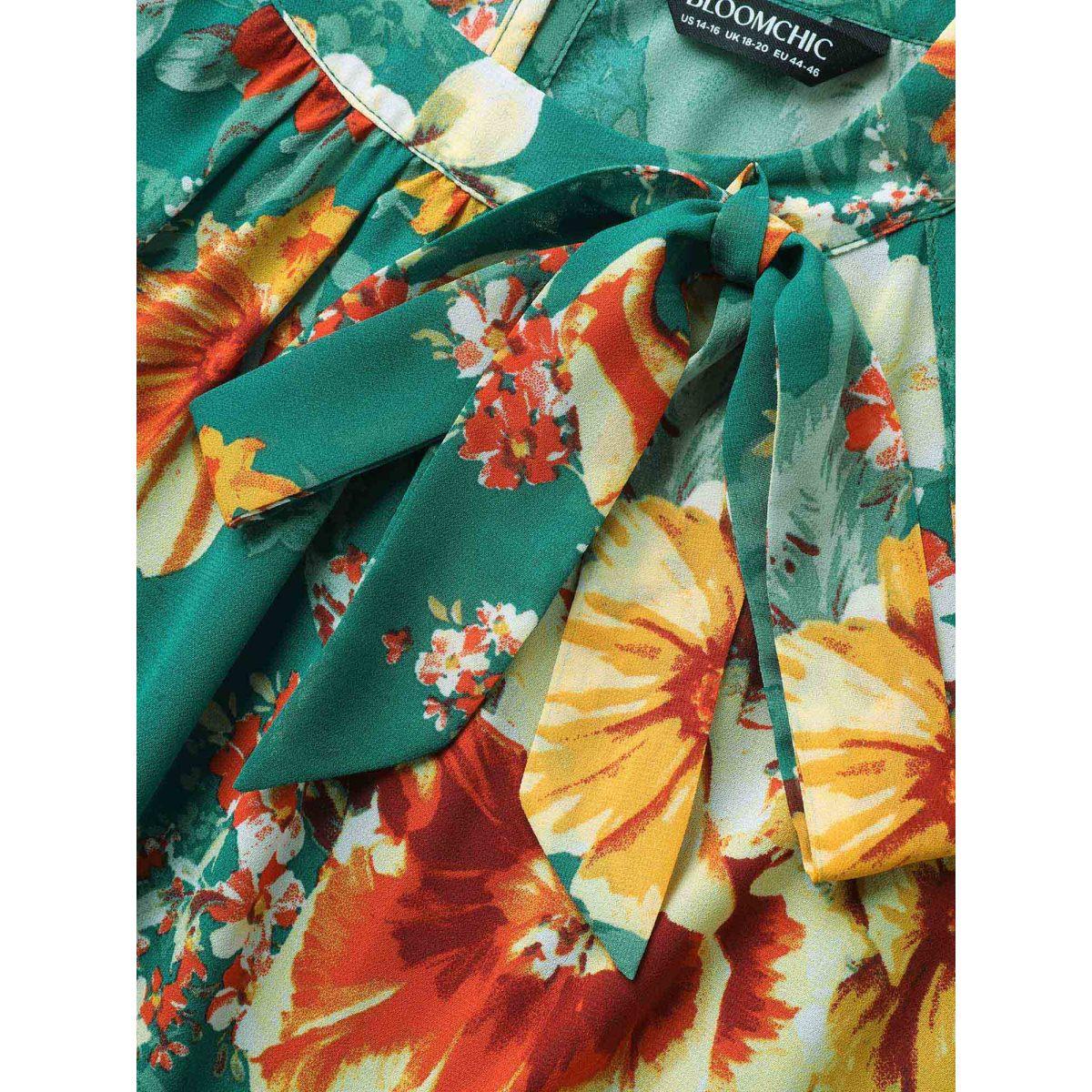 Plus Size Large Floral Print Stretchy-Waist Midi Dress Emerald Women Halter neck Sleeveless Curvy BloomChic 26/4X Product Image