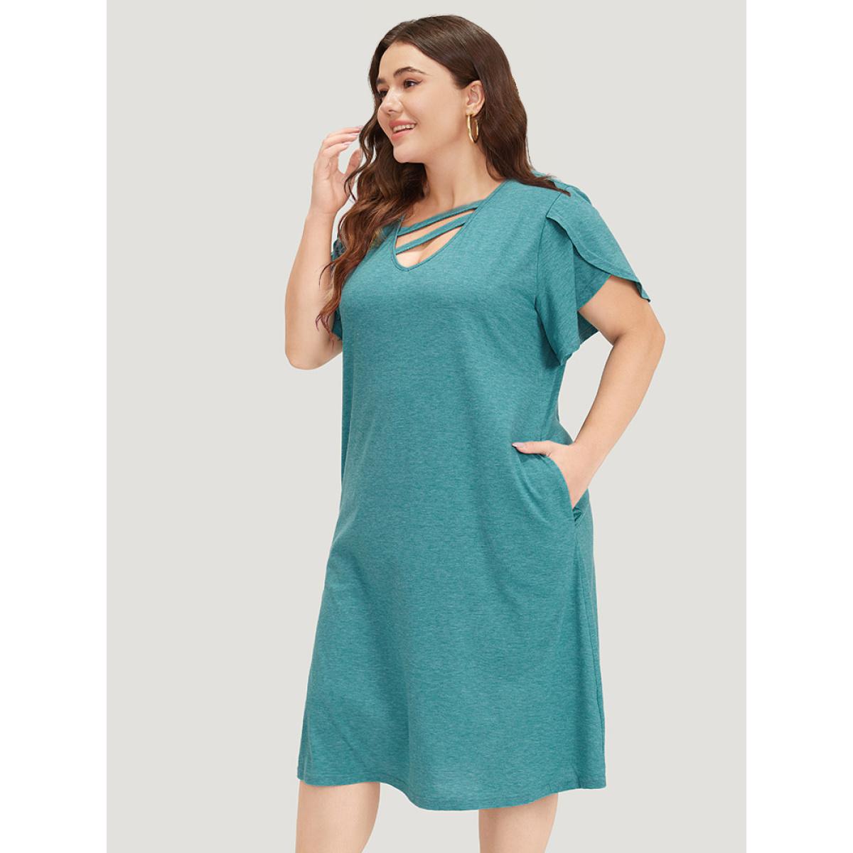 Plus Size Supersoft Essentials Solid Pocket Keyhole Petal Sleeve Dress Cerulean Women Casual Plain V-neck Short sleeve Curvy Midi Dress BloomChic 22-24/3X Product Image