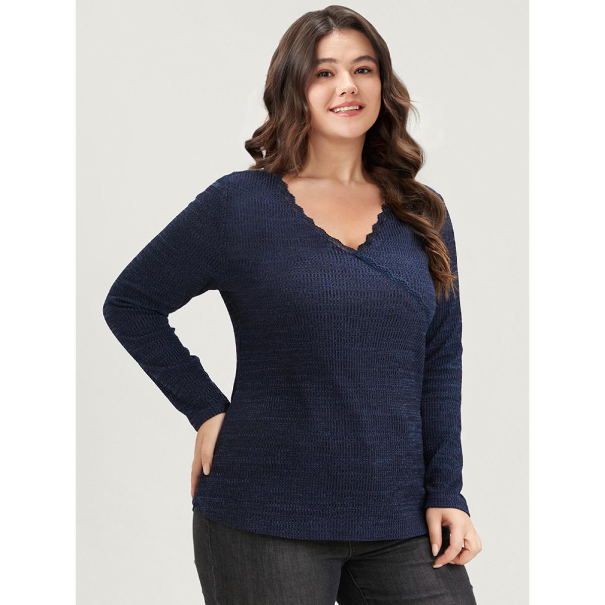 Plus Size Solid Lace Trim Rib Knit Surplice Neck Long Tee Indigo Women Elegant Wrap Plain V-neck Bodycon Dailywear T-shirts BloomChic 30/6X Product Image