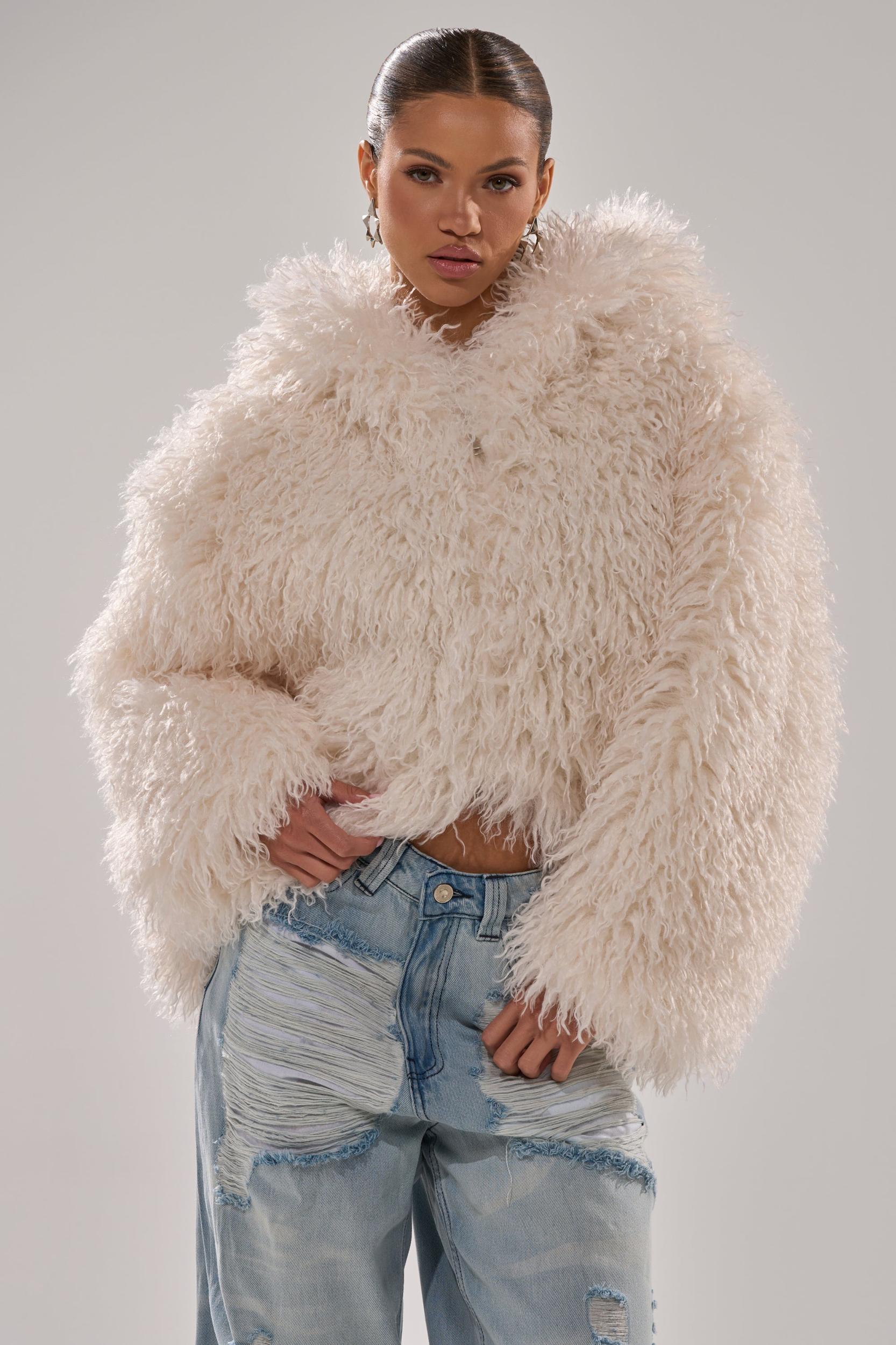 LOOK AT ME NOW HOODED FUR BOMBER IN IVORY Product Image