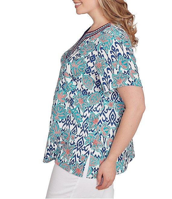 Ruby Rd. Plus Size Embroidered Knit Printed Split V-Neck Short Sleeve Top Product Image