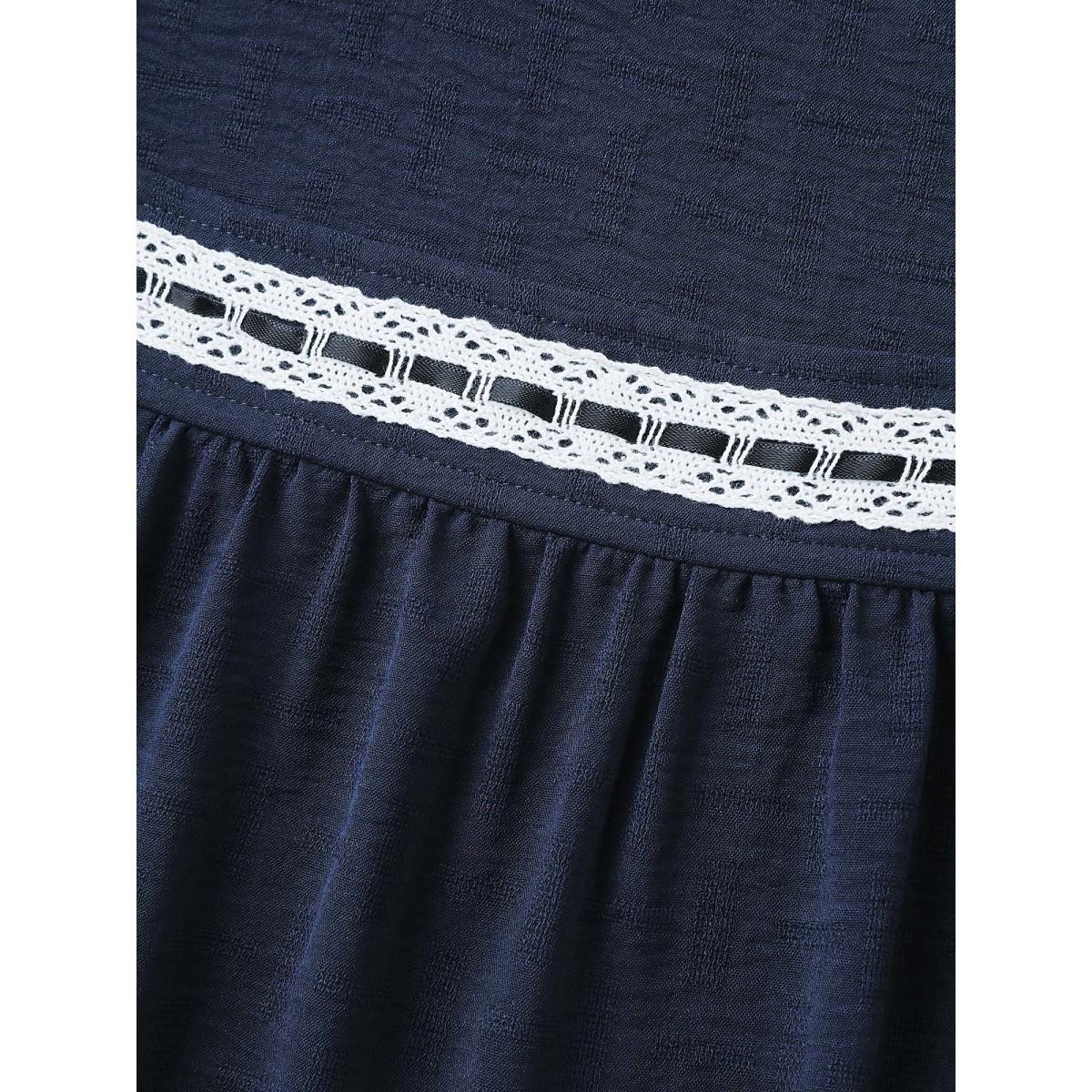 Plus Size Indigo Square Neck Lace Pleated Blouse Women Romantic Short sleeve Square Neck Elegant Blouses BloomChic 12/L Product Image