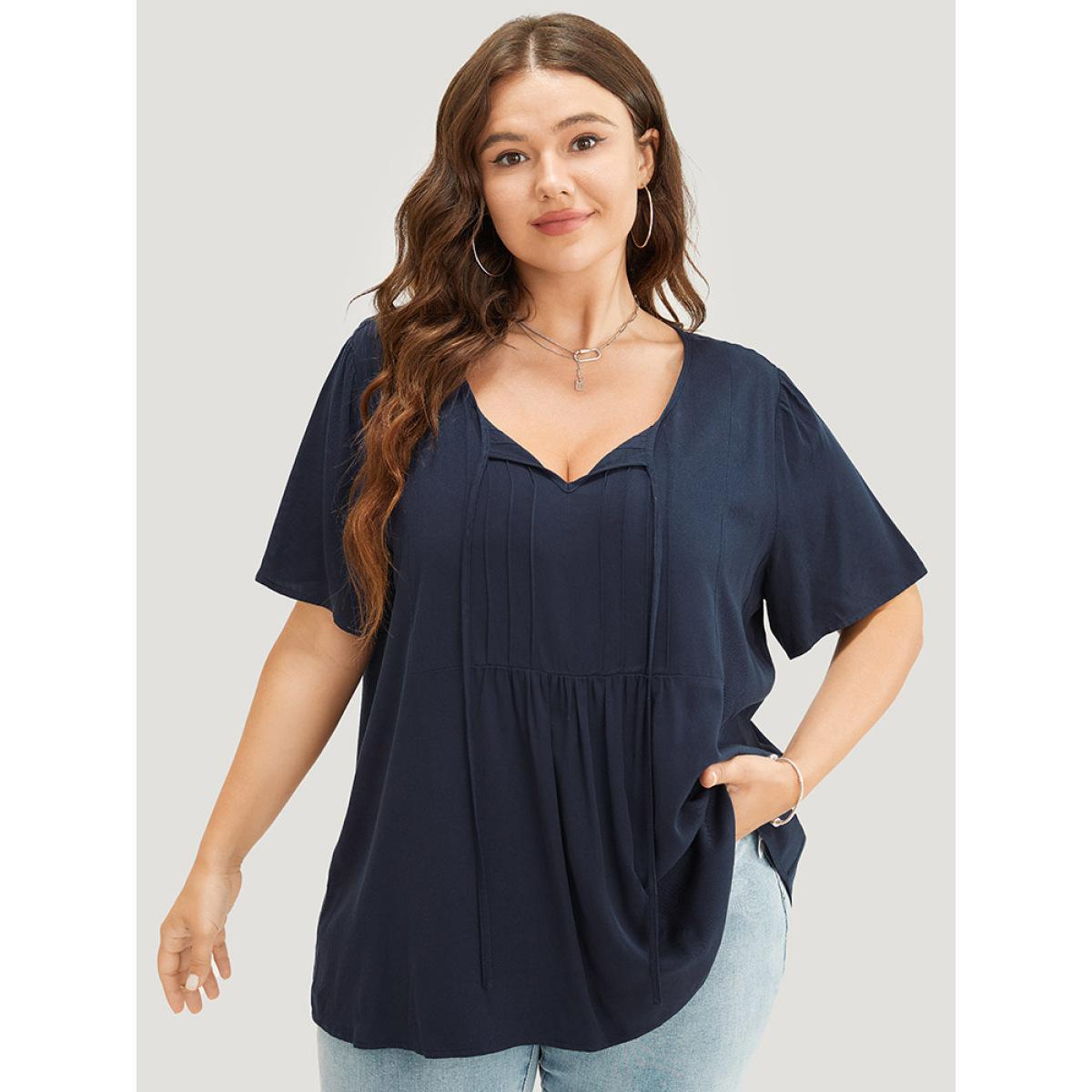 Plus Size Indigo Solid Pleated Detail Tie Neck Ruffle Blouse Women Office Short sleeve Tie Neck Dailywear Blouses BloomChic 10/M Product Image