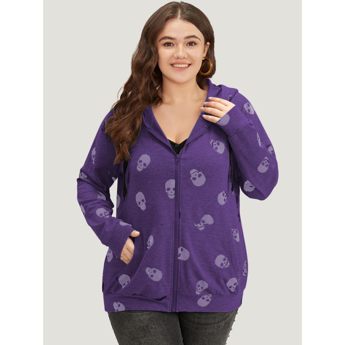 Plus Size Halloween Skull Print Pocket Zipper Hooded Sweatshirt Women Purple Casual Elastic cuffs Hooded Festival-Halloween Sweatshirts BloomChic 30/6X Product Image