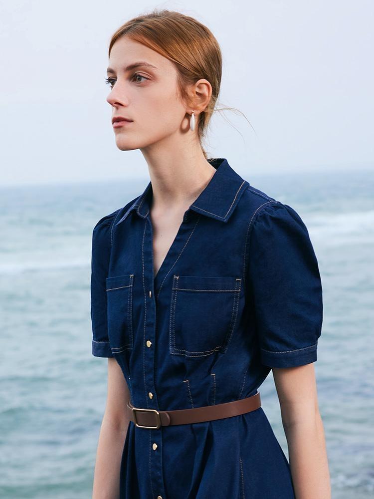 Gathered Waist Denim Mini Dress Product Image