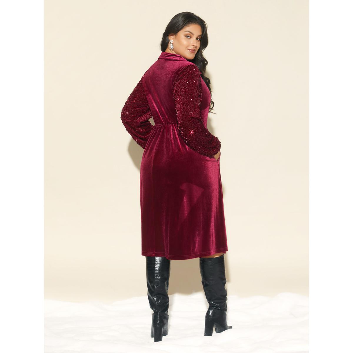 Plus Size Shimmery Embellishments Shirt Collar Midi Dress Burgundy Women Cocktail Texture Shirt collar Long Sleeve Curvy BloomChic 14-16/1X Product Image