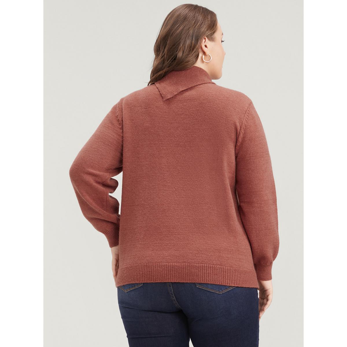 Plus Size Solid Super Soft Plush Knit Button Detail Asymmetrical Knit Top Rust Women Casual Loose Long Sleeve Dailywear Pullovers BloomChic 28/5X Product Image