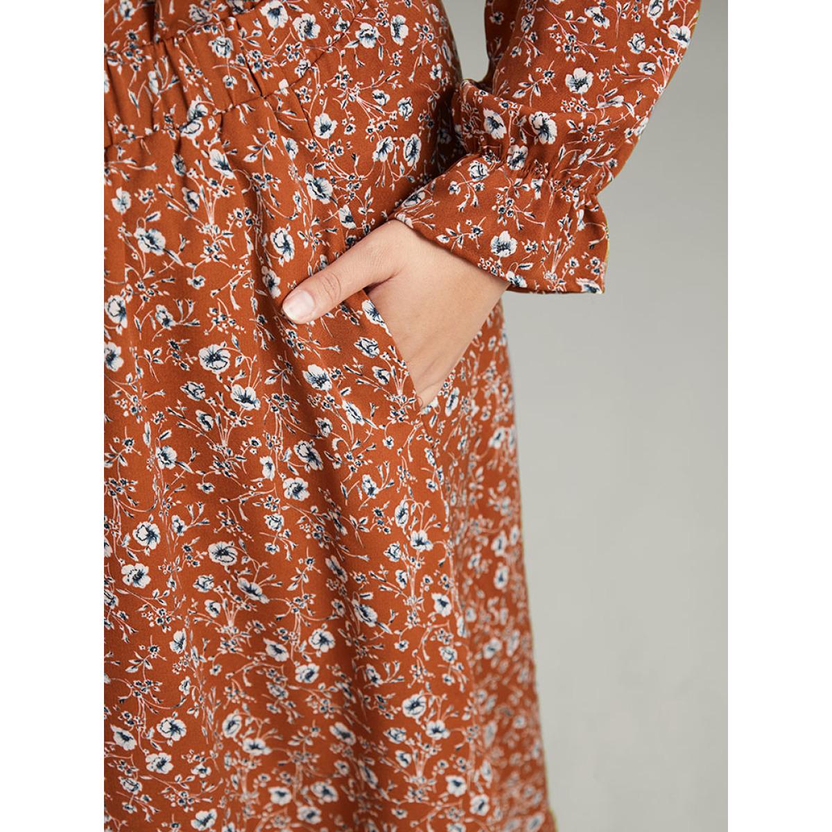 Plus Size Ditsy Floral Pocket Elastic Waist Skirt Women Rust Elegant Elastic Waist No stretch Pocket Everyday Skirts BloomChic 14-16/1X Product Image