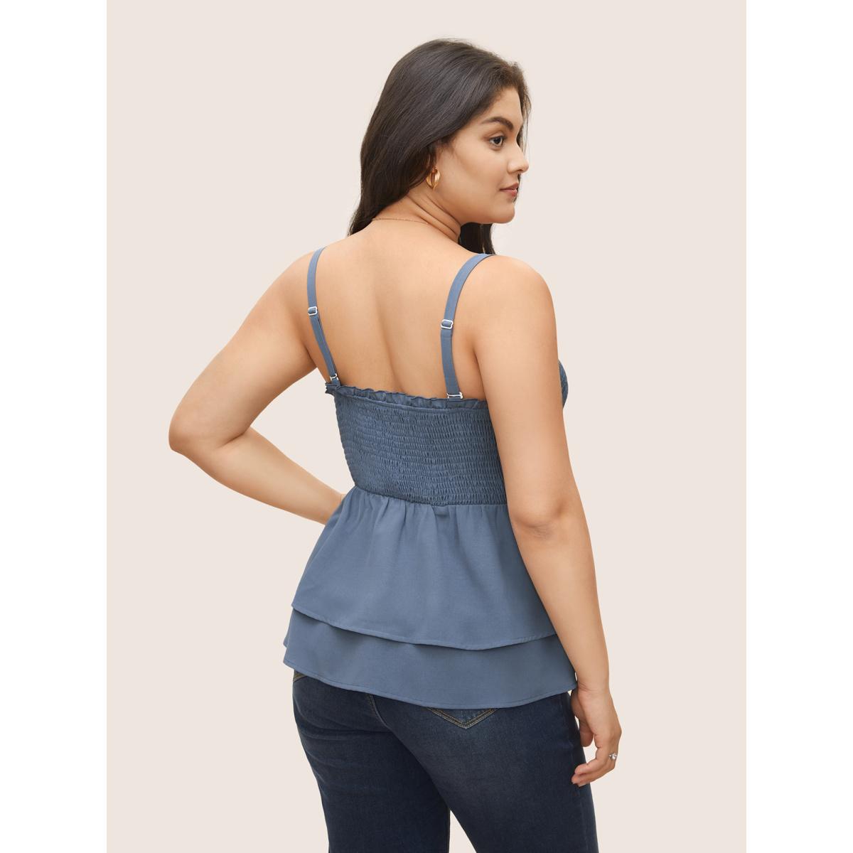Plus Size Solid Shirred Ruffle Layered Hem Cami Top Women Stone Casual Adjustable Straps Spaghetti Strap Everyday Tank Tops Camis BloomChic 22-24/3X Product Image