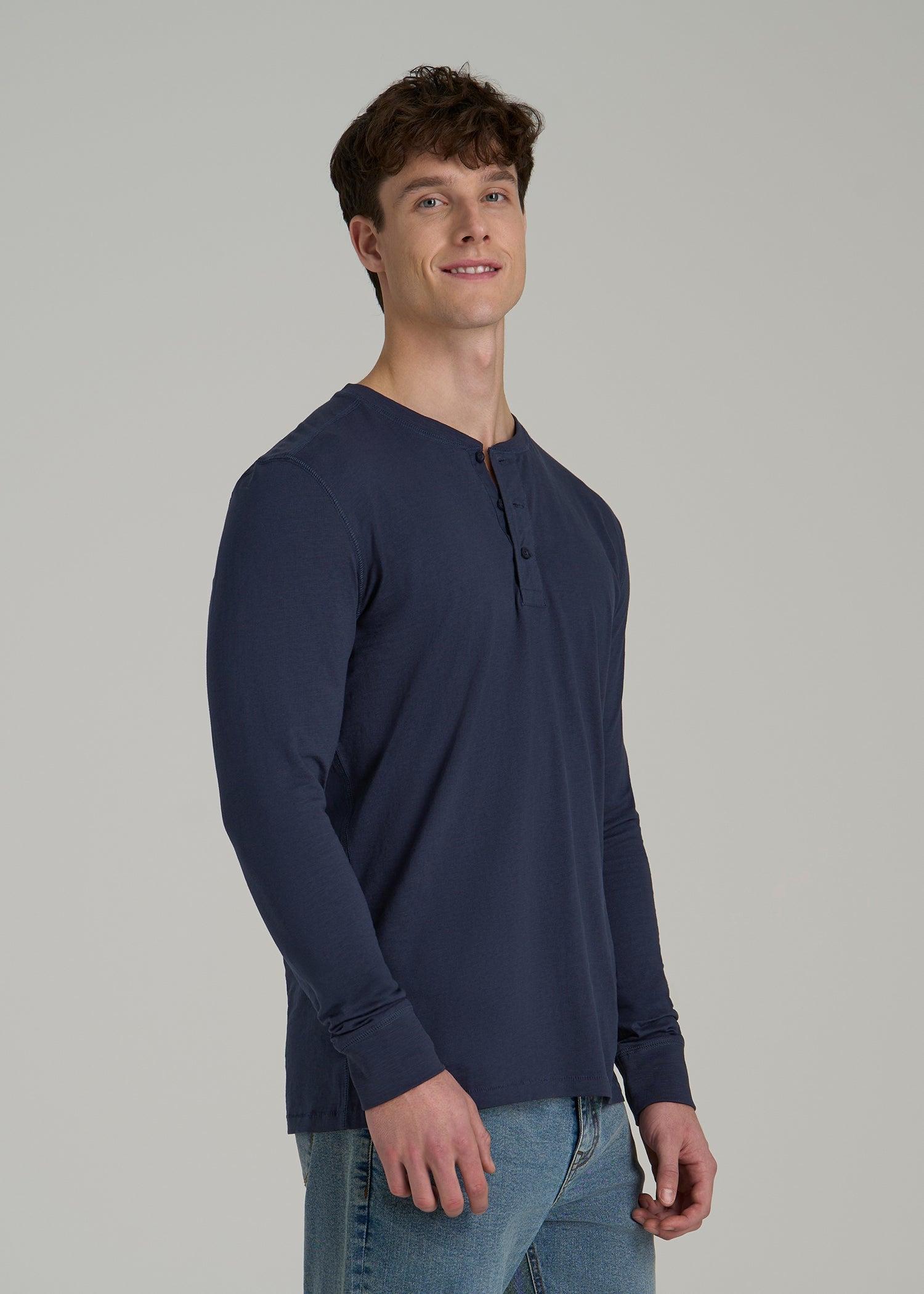 Three-Button Long Sleeve Slub Henley for Tall Men in Navy Male Product Image