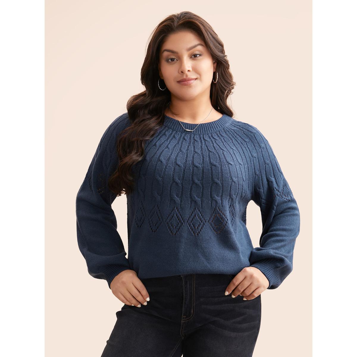 Plus Size Texture Cable Knit Lantern Sleeve Pullover Indigo Women Casual Loose Long Sleeve Round Neck Everyday Pullovers BloomChic 30/6X Product Image