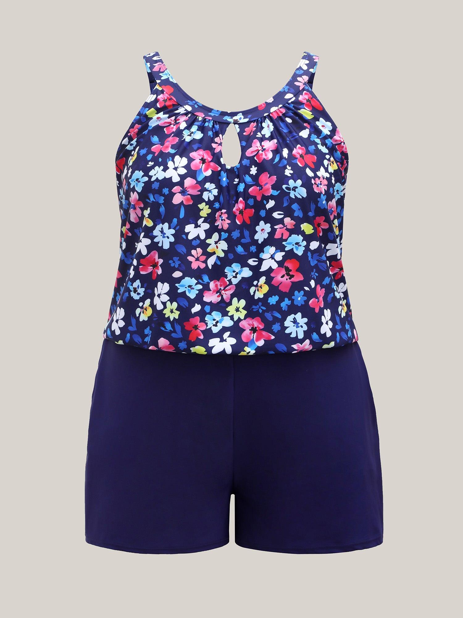 Floral Print Keyhole Pockets Swim Romper Female Product Image