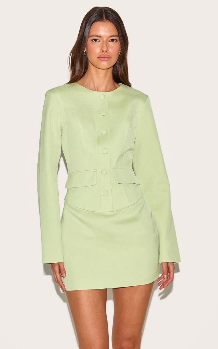 Pale Lime Woven Tailored Button Up Mini Dress Product Image