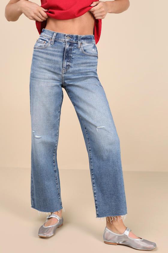 Pleaser Medium Wash Distressed Wide-Leg High-Rise Jeans Product Image