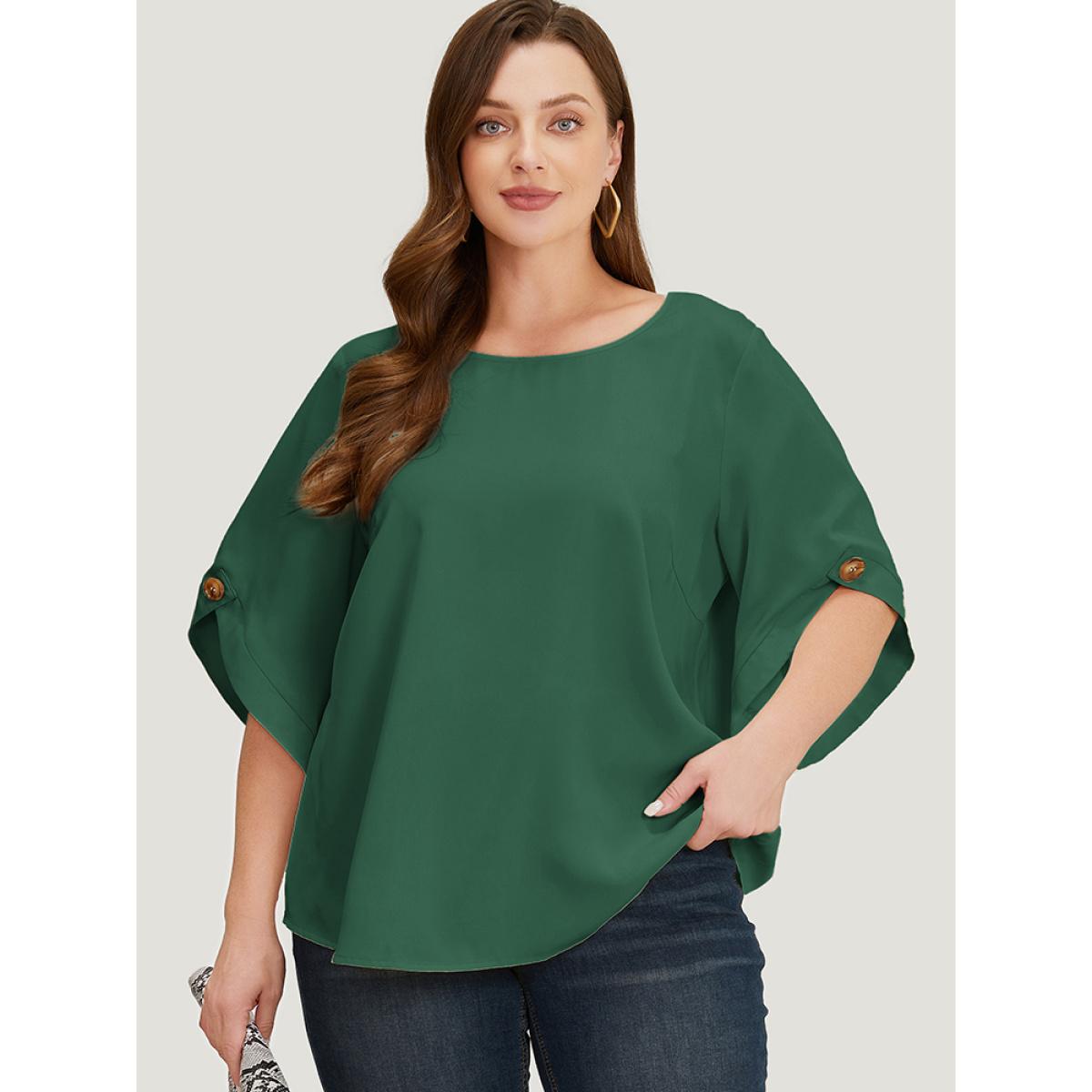 Plus Size ArmyGreen Solid Button Detail Flounce Sleeve Blouse Women Office Elbow-length sleeve Round Neck Dailywear Blouses BloomChic 14-16/1X Product Image