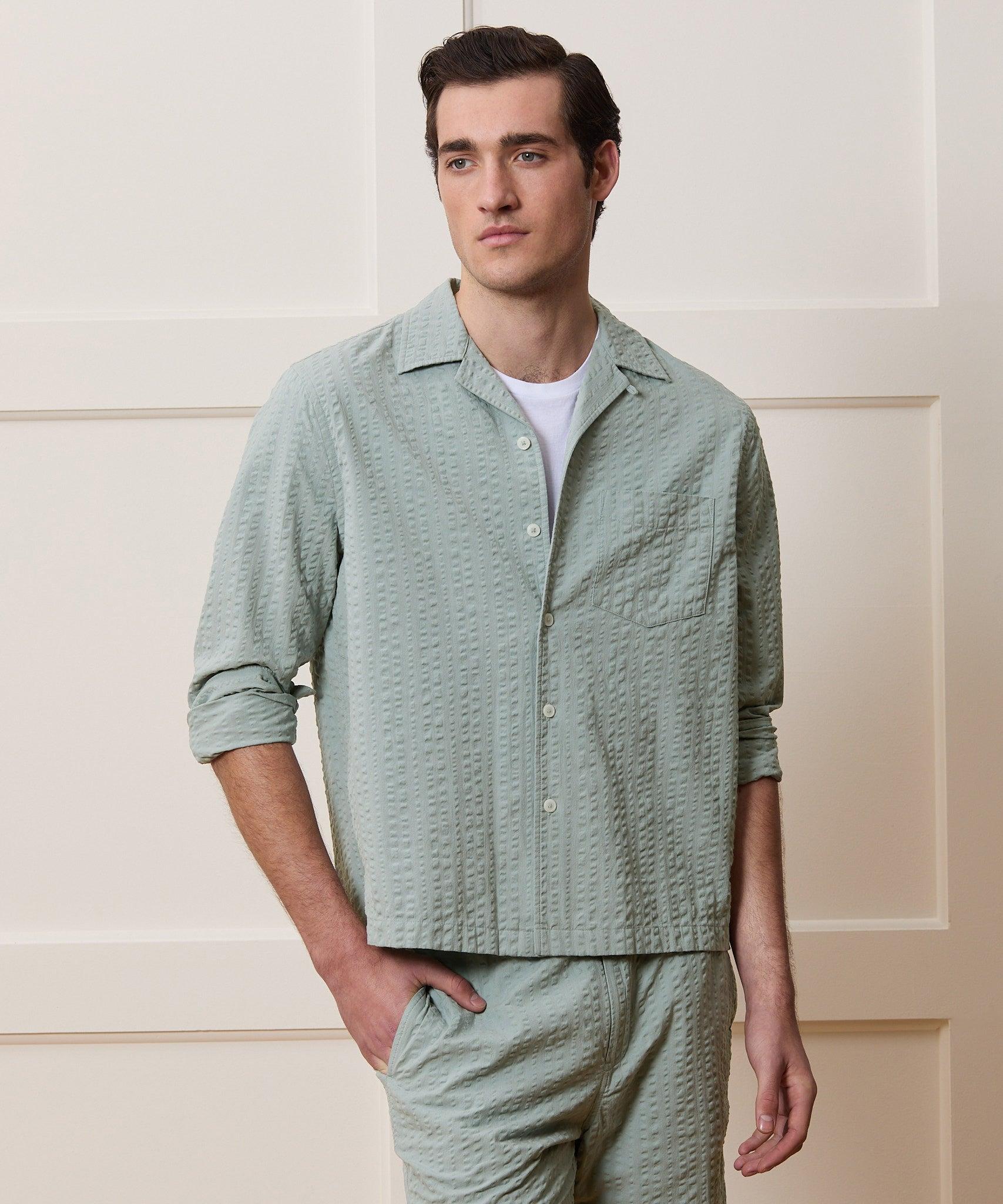 Cropped Seersucker Camp Collar Shirt Product Image