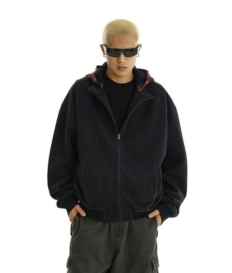 RT No. 11617 BLACK PLAID HOOD ZIP-UP HOODIE Product Image