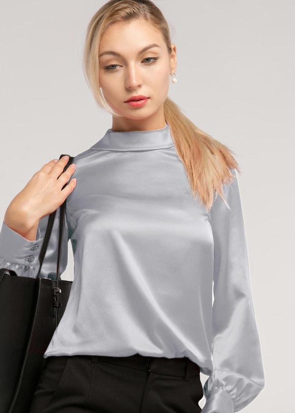 LILYSILK Business Blue Elegant Silk Blouse | Long Sleeves Style | Women Silk Navy Stand Collar Skin-Friendly and Breathable XS Product Image