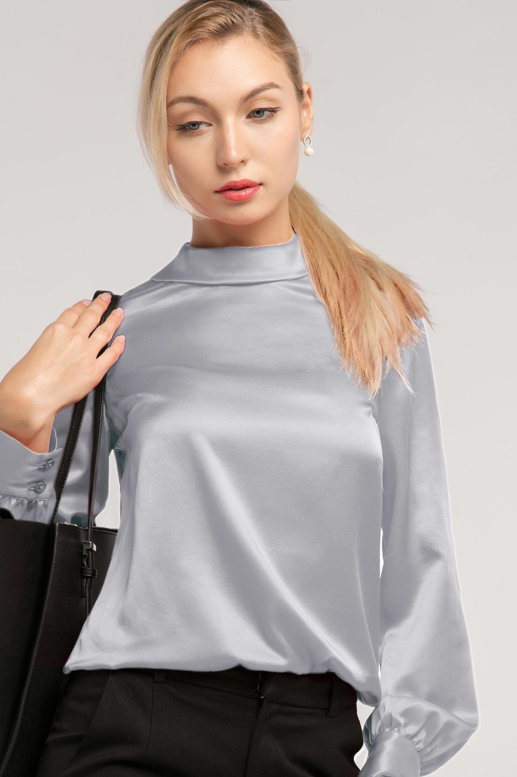 Stand Collar Long Sleeves  Silk Blouse Product Image