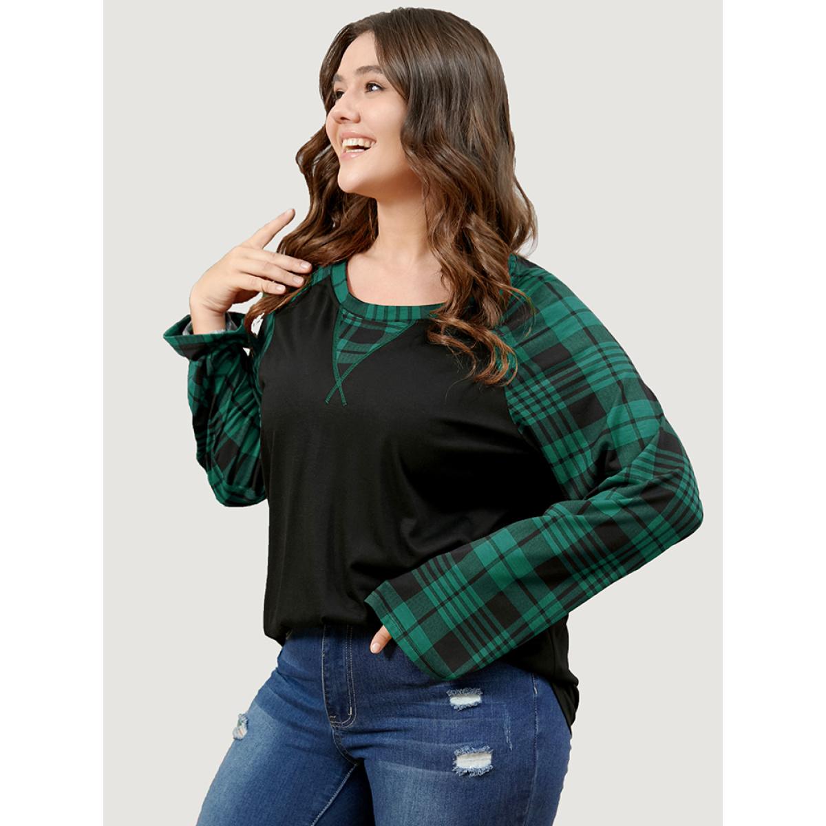 Plus Size Plaid Patchwork Bell Sleeve Long Tee DarkGreen Women Casual Contrast Plaid Round Neck Dailywear T-shirts BloomChic 10/M Product Image