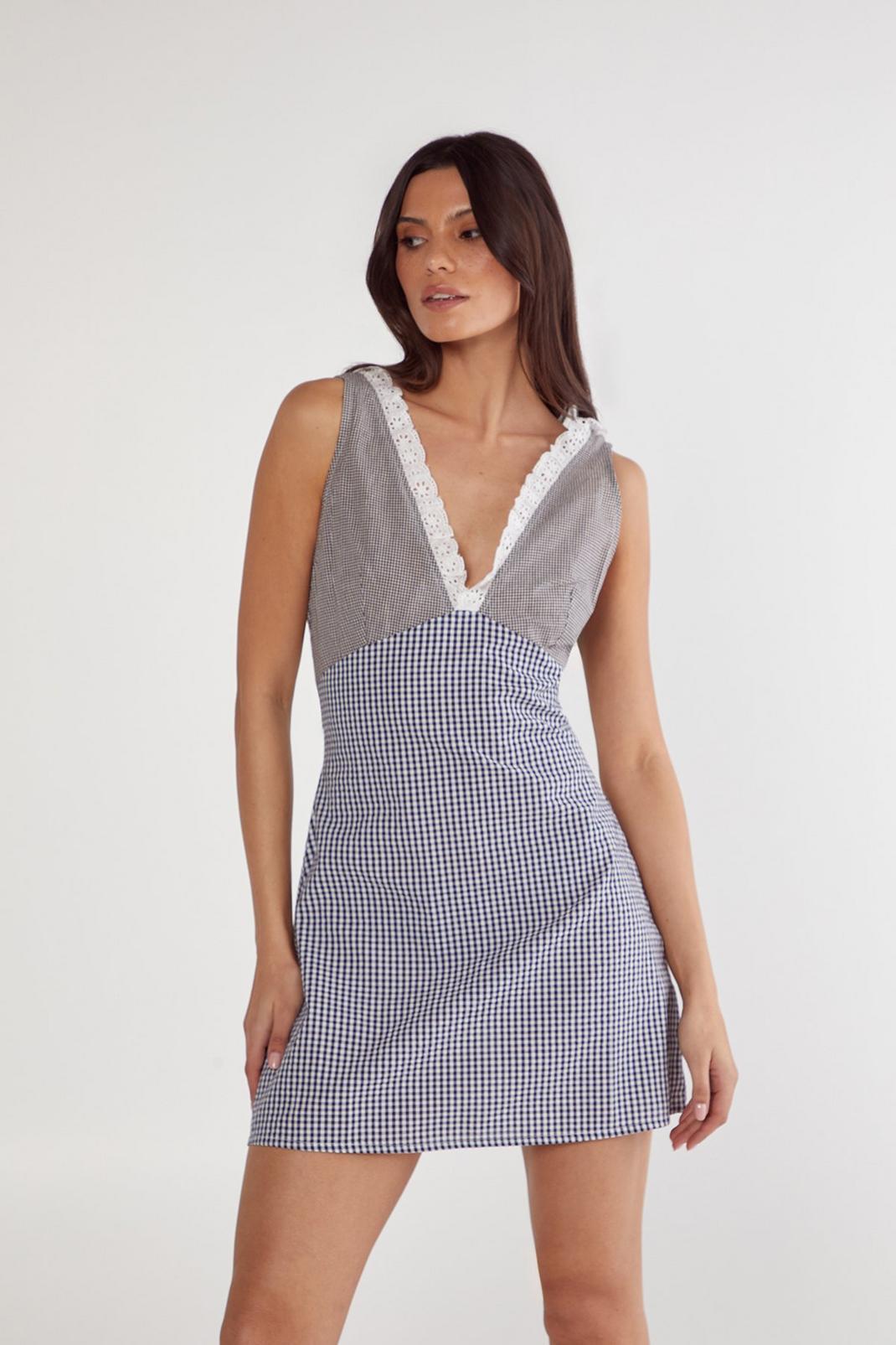 Gingham Mix Broderie Ruffle Plunge Mini Dress Product Image