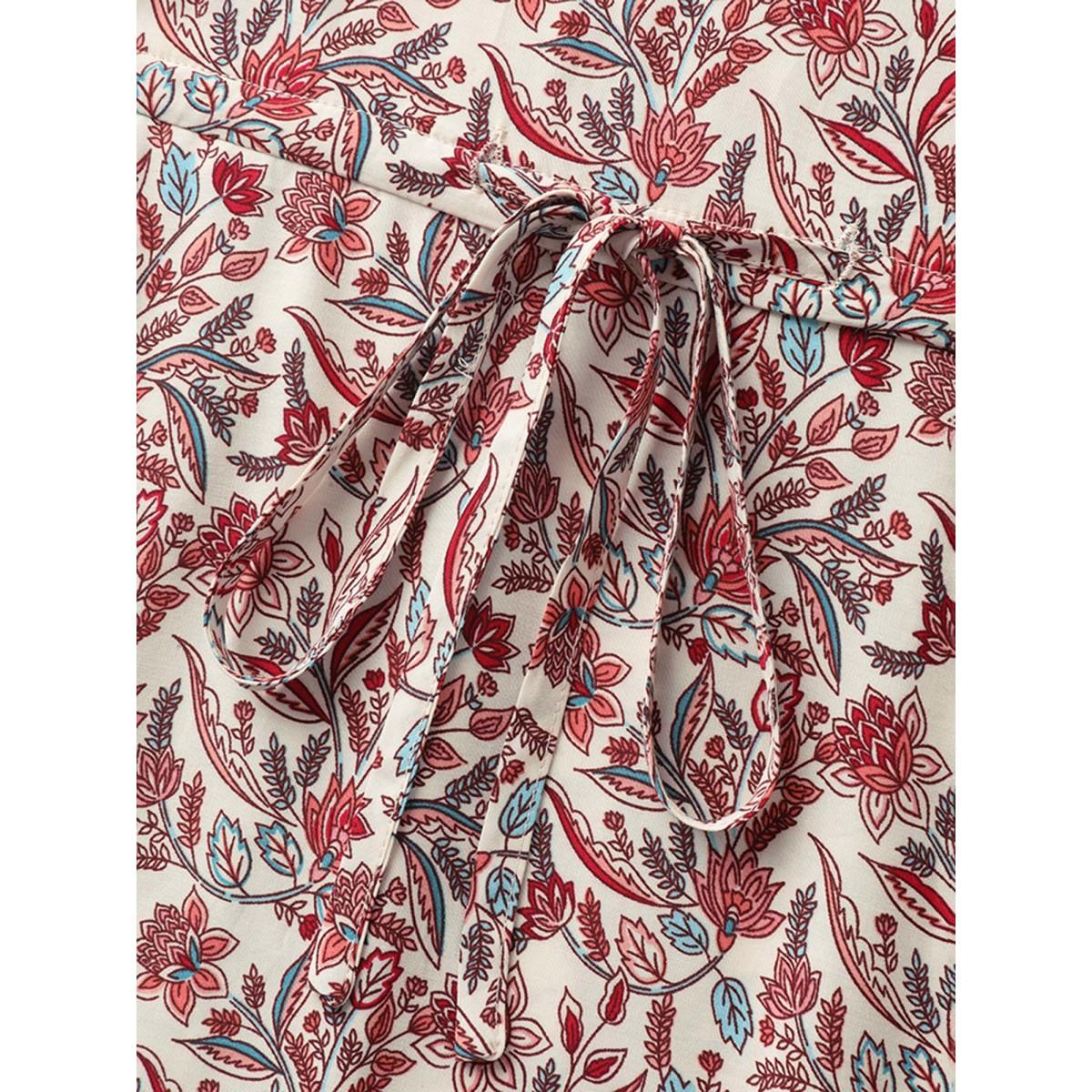 Plus Size Floral Print Lace Waist Drawstring Maxi Dress Salmon Women Boho Woven ribbon&lace trim Flat collar with V-notch Half Sleeve Curvy BloomChic 26/4X Product Image