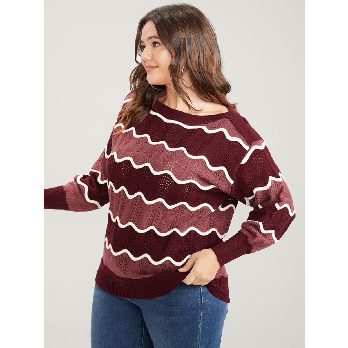 Plus Size Colorblock Contrast Pointelle Knit Water Ripple Knit Top Scarlet Women Elegant Long Sleeve Round Neck Dailywear Pullovers BloomChic 14-16/1X Product Image