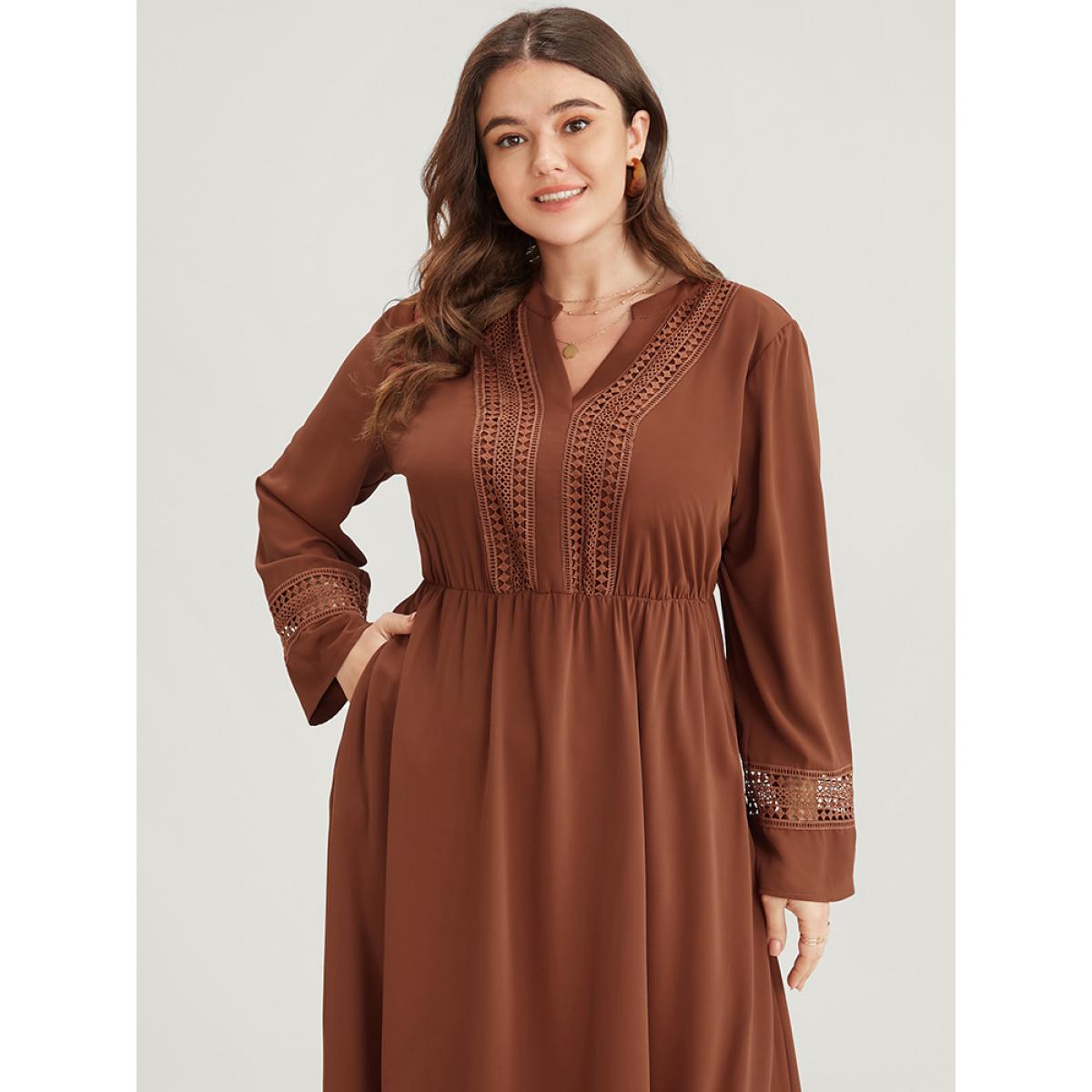 Plus Size Solid V Neck Pocket Contrast Lace Ruffle Hem Dress Russet Women Office Patchwork V-neck Long Sleeve Curvy Midi Dress BloomChic 30/6X Product Image