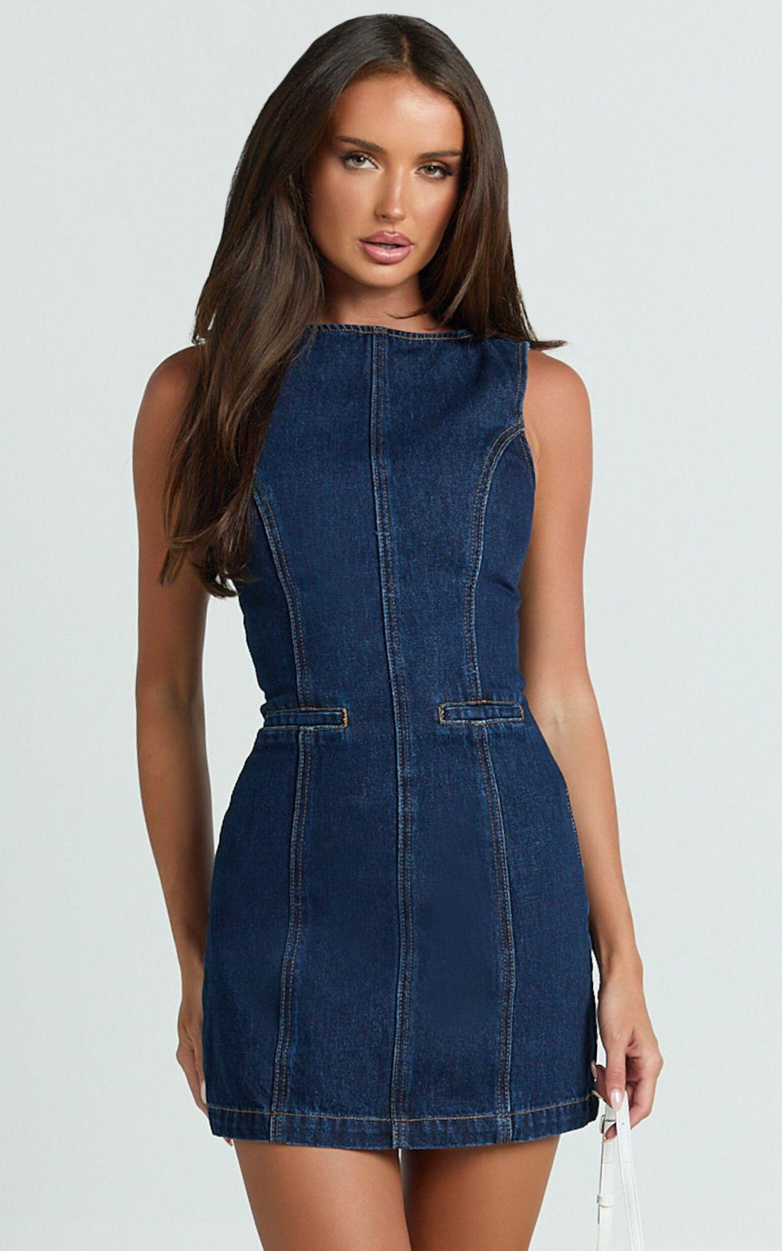 Olenna Mini Dress - High Neck Fitted Denim Dress in Indigo Wash Product Image