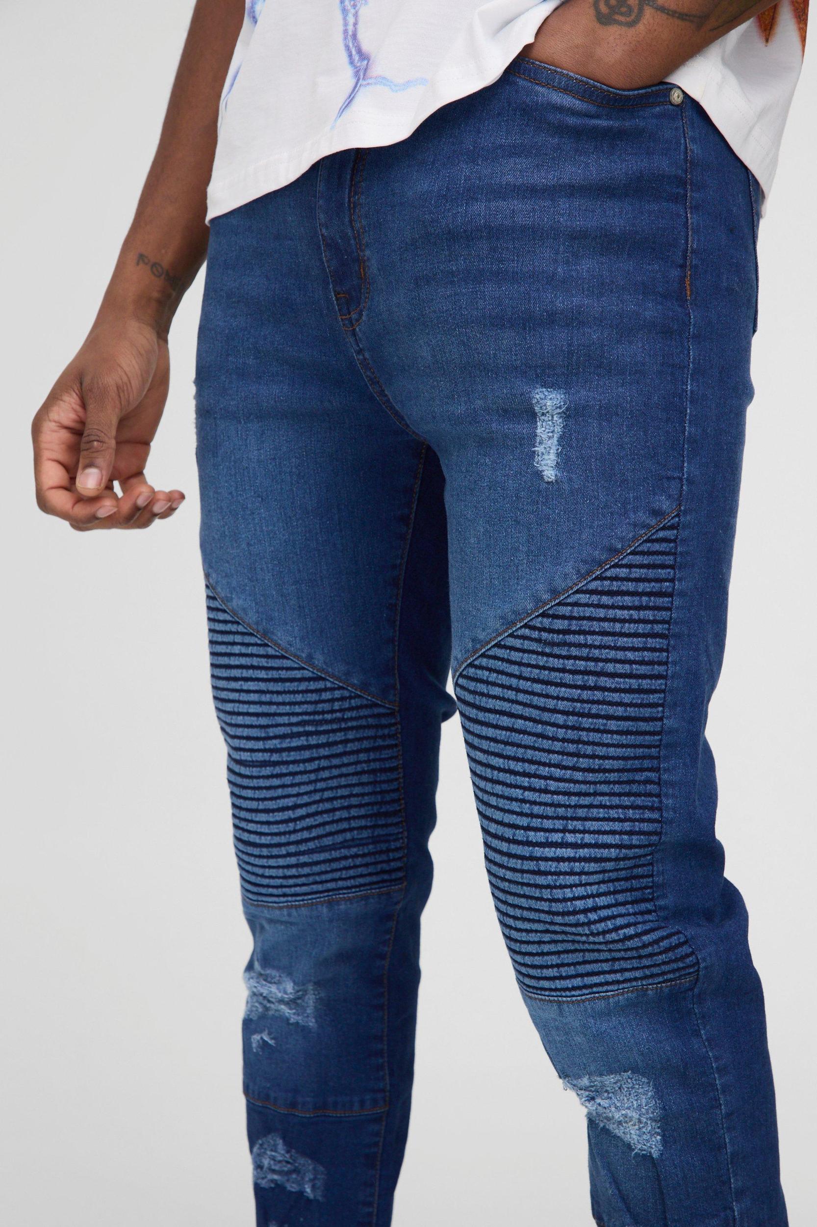 Tall Super Skinny Busted Knee Biker Jeans | boohooMAN USA Product Image