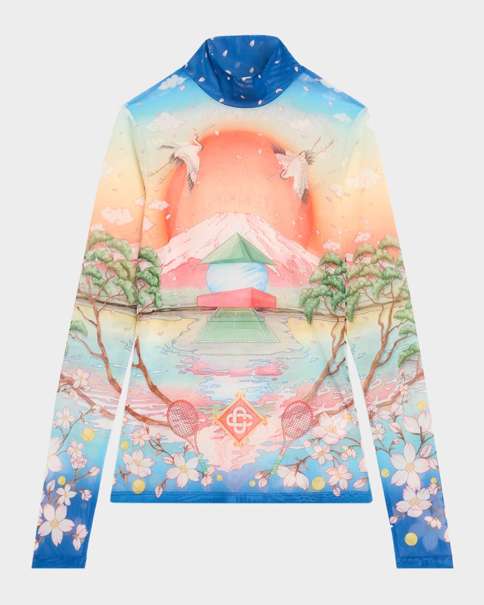 Mock-Neck Printed Mesh Long-Sleeve Top Product Image