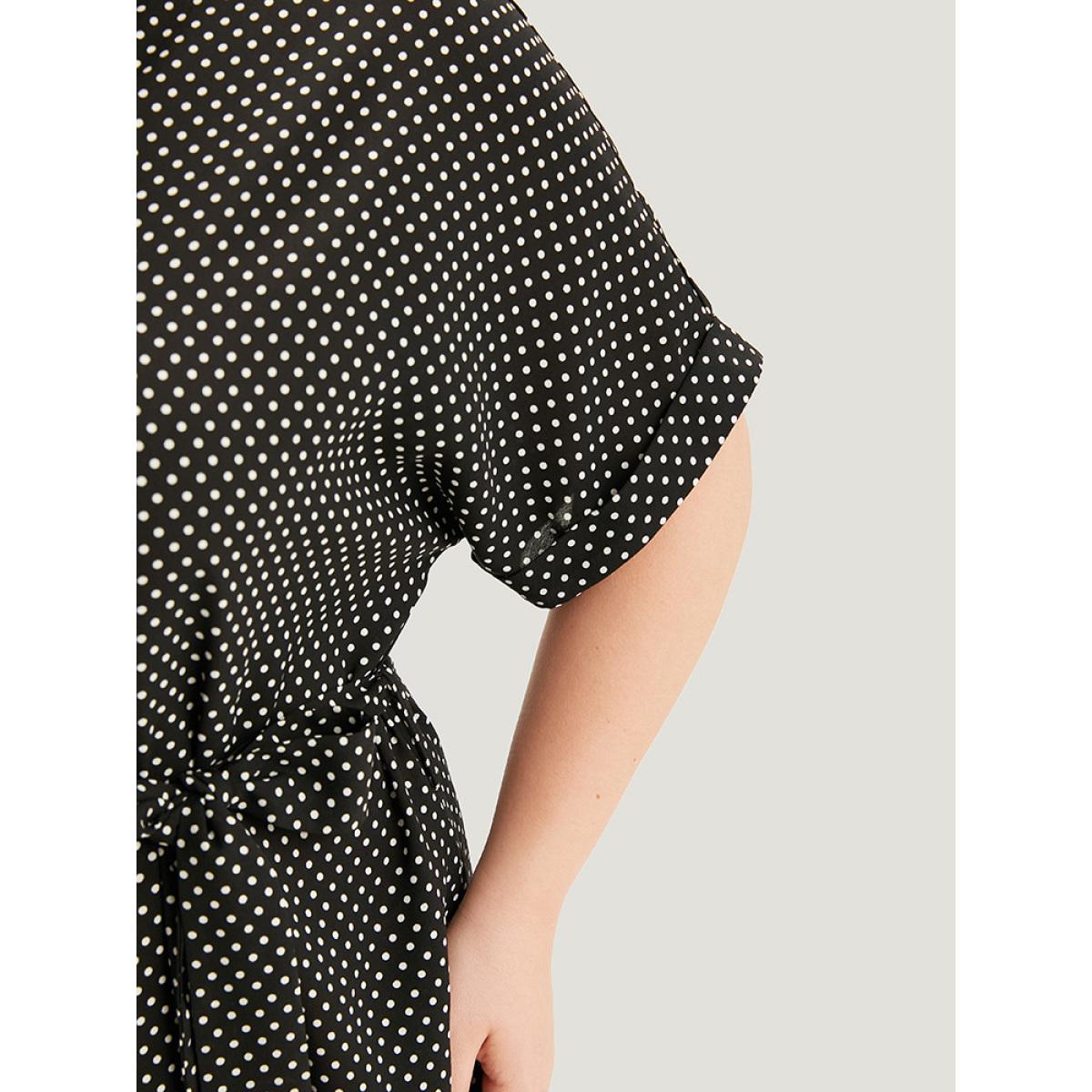 Plus Size Polka Dot Notched Split Hem Button Through Roll Sleeve Dress BlackFlower Women Office Belted Notched collar Short sleeve Curvy Midi Dress BloomChic 14-16/1X Product Image