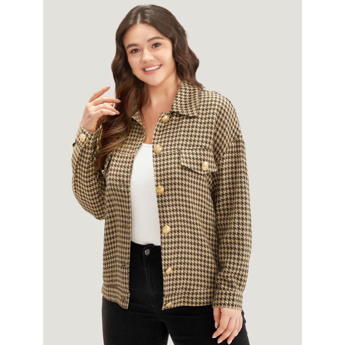 Plus Size Houndstooth Pocket Metal Detail Jacket Women Tan Texture Dailywear Jackets BloomChic 22-24/3X Product Image