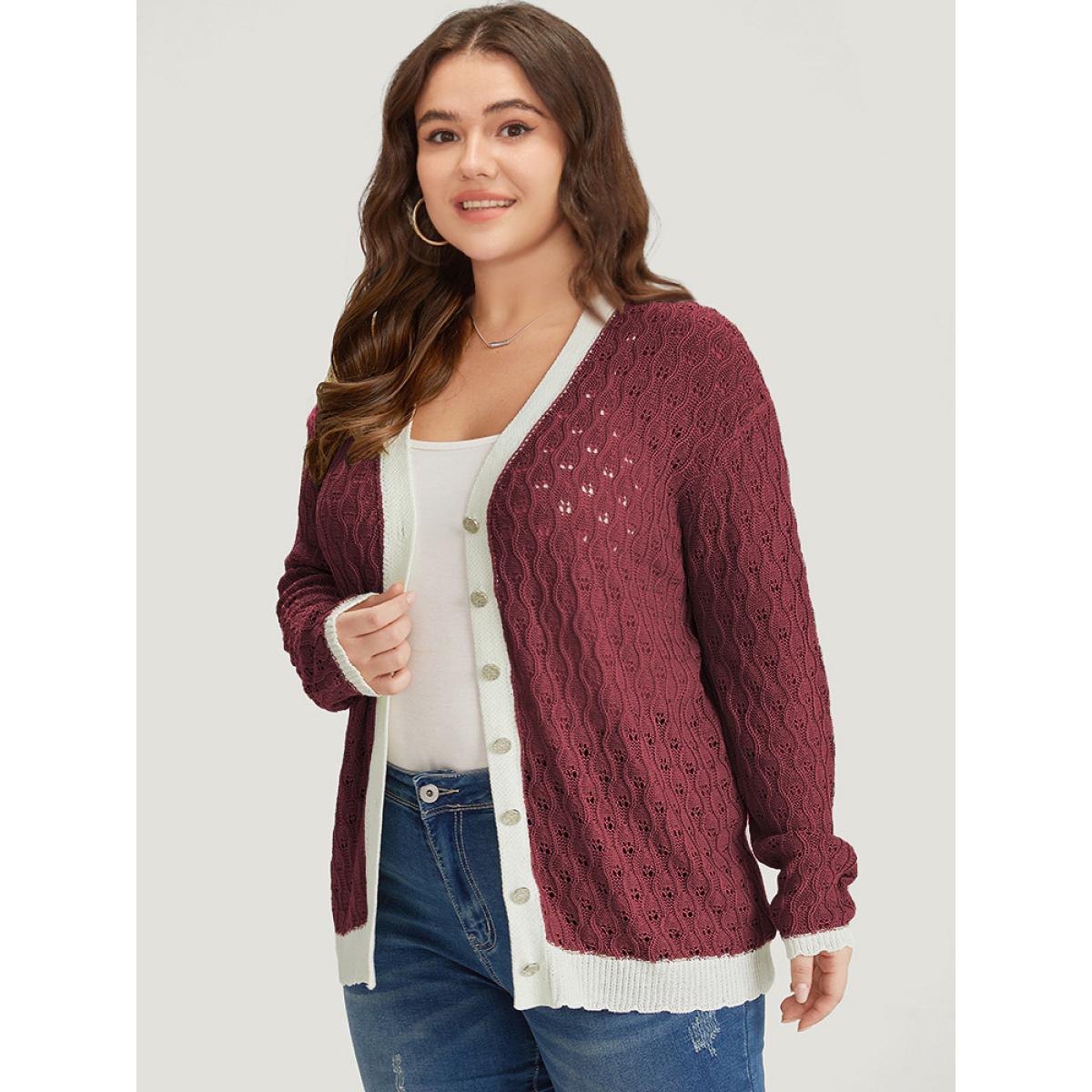 Plus Size Two Tone Patchwork Cut Out Button Down Cardigan Burgundy Women Casual Loose Long Sleeve Work Cardigans BloomChic 14-16/1X Product Image