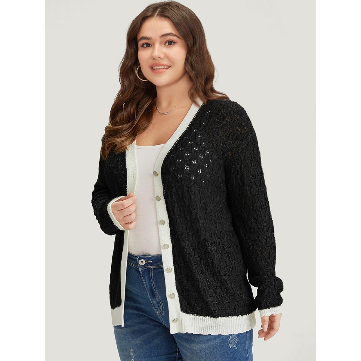 Plus Size Two Tone Patchwork Cut Out Button Down Cardigan Black Women Casual Loose Long Sleeve Work Cardigans BloomChic 14-16/1X Product Image