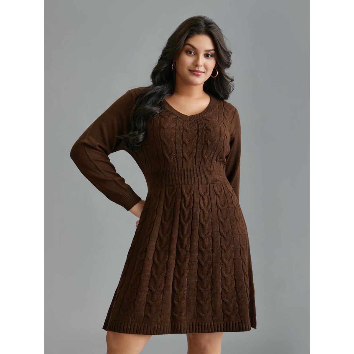 Plus Size Textured Cable Knit V-Neck Midi Sweater Dress Browncoffeecolor Women Leisure Bodycon Long Sleeve Casual Sweater Dresses BloomChic 26/4X Product Image